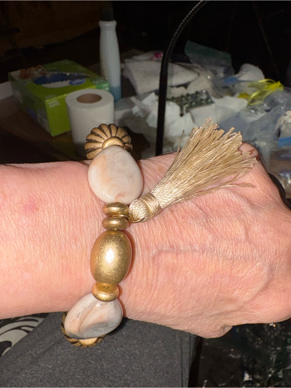 Chico's Beige Stone and Gold Tassel Bracelet